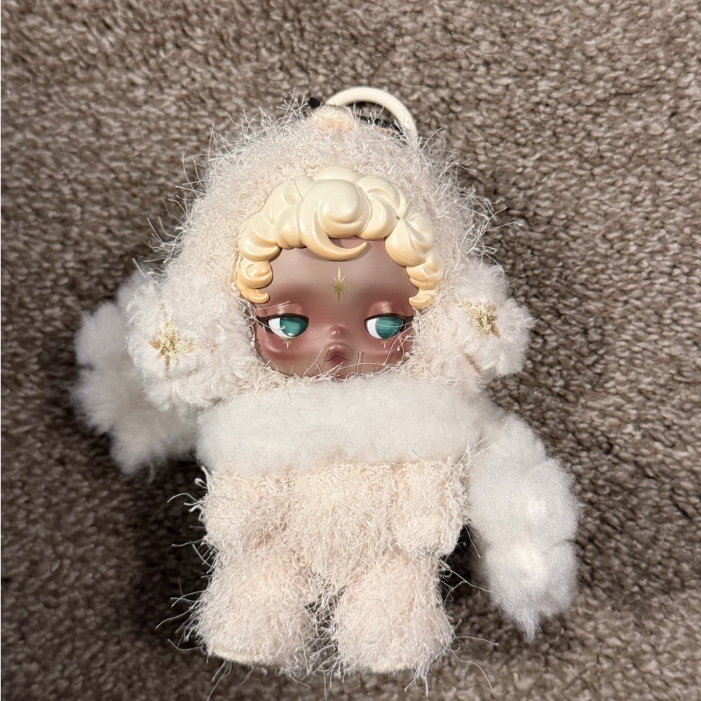 Plush Cream Fuzzy Doll Keychain with Teal Eyes
